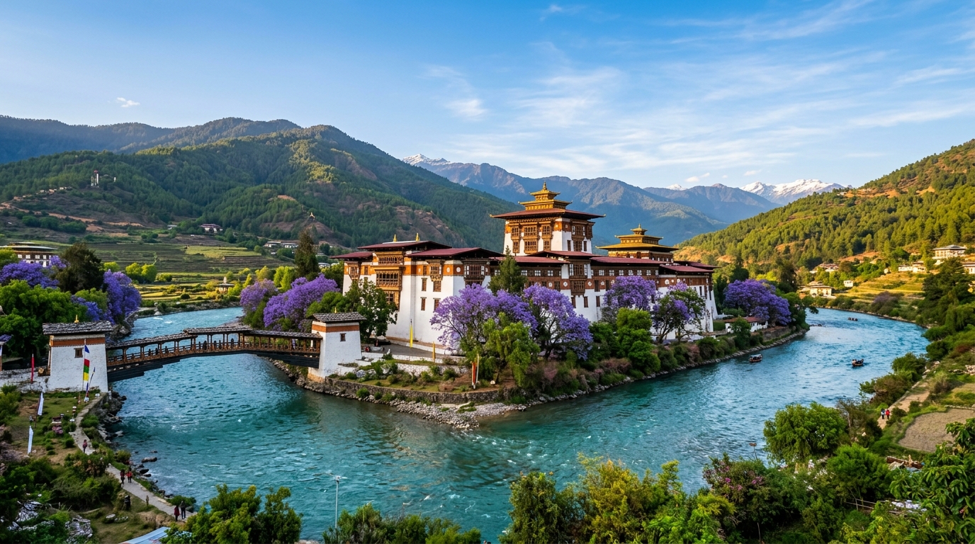 Majestic Punakha Dzong Fortress and River Confluence with Cantilever Bridge